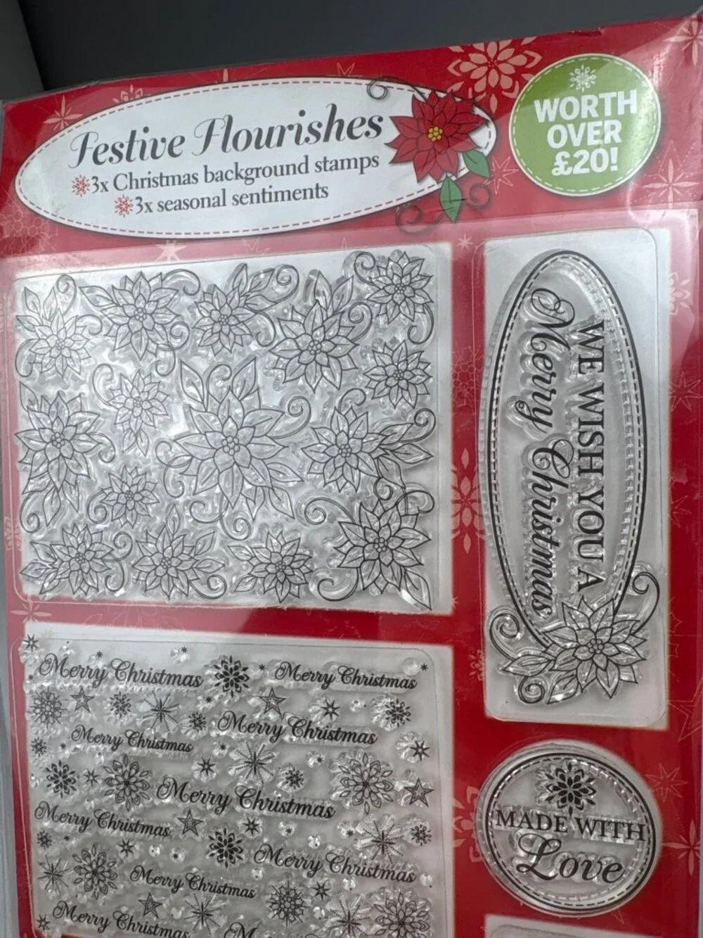 Festive Flourishes 3X Christmas Clear Cling Stamps Merry Sentiments & Patterns